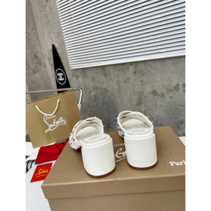 Christian Louboutin White Leather Studded 55mm heel Slide Sandals