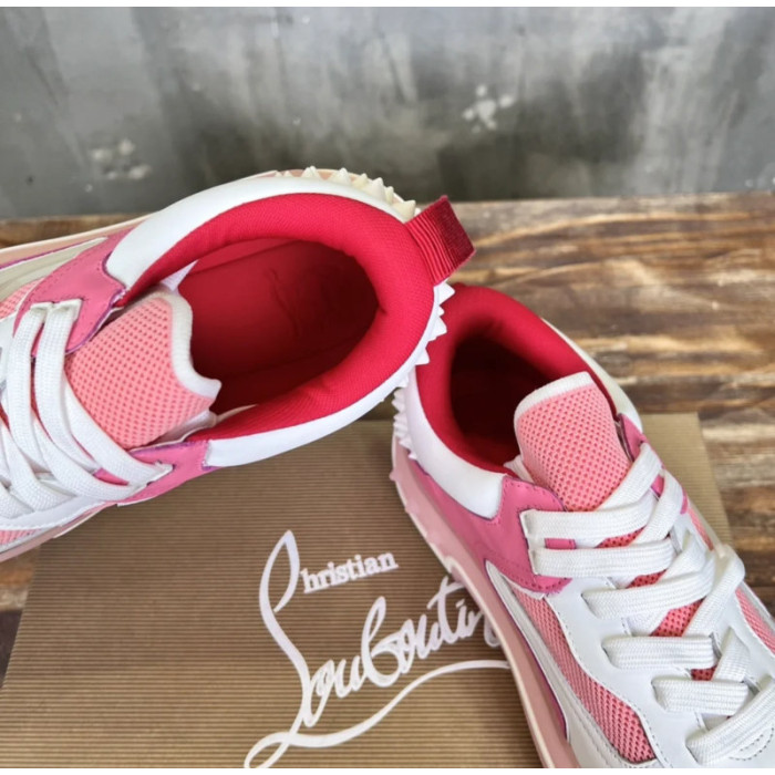 Christian Louboutin Pink White Mixed‑Media Spiked Low‑Top Sneakers
