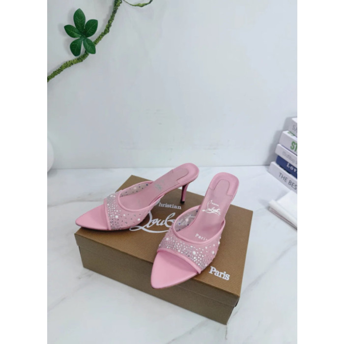 Christian Louboutin Pink Mesh Crystal 70mm Pointed‑Toe Mule High‑Heel Sandals