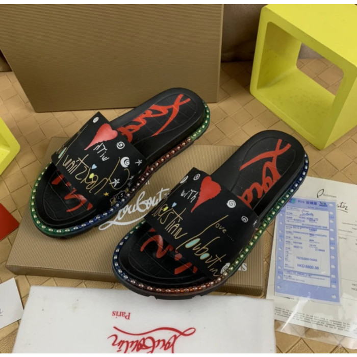 Christian Louboutin Black Heart‑Graffiti Print Slide Sandals Rainbow Crystal‑Trim Sole