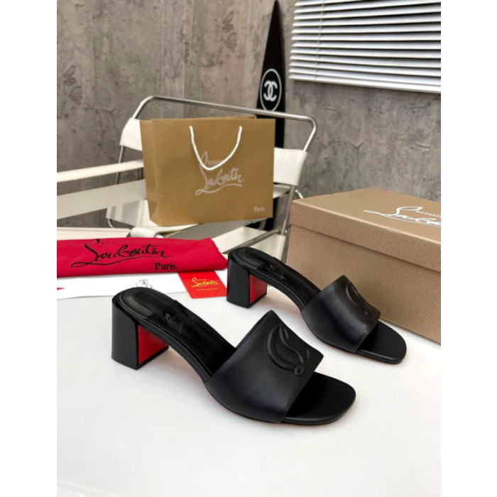 Christian Louboutin Black Leather 55mm heel Block Heel Slide Sandal