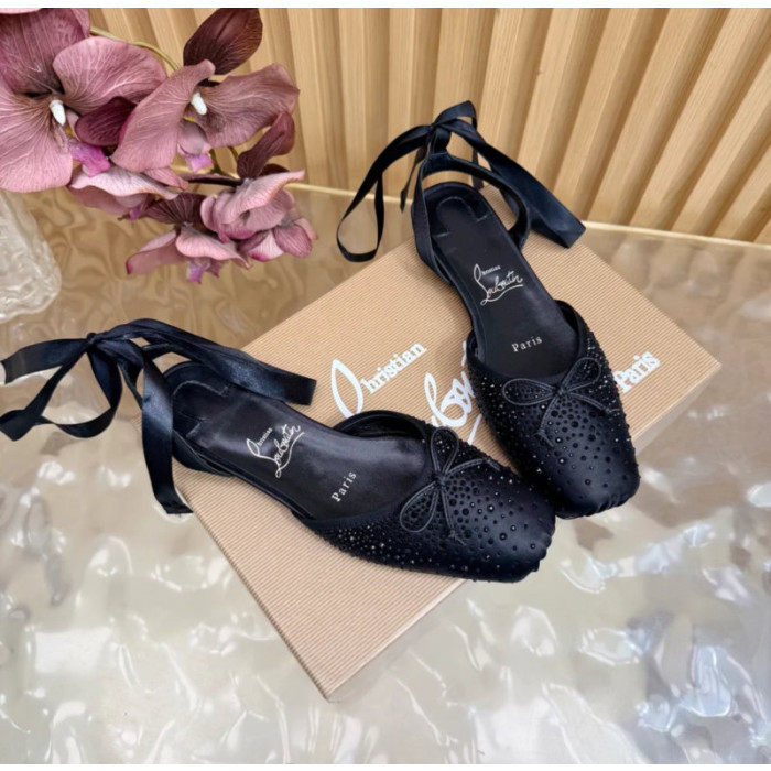 Christian Louboutin Black Satin Crystal‑Embellished Ankle‑Tie Slingback Ballet Flats