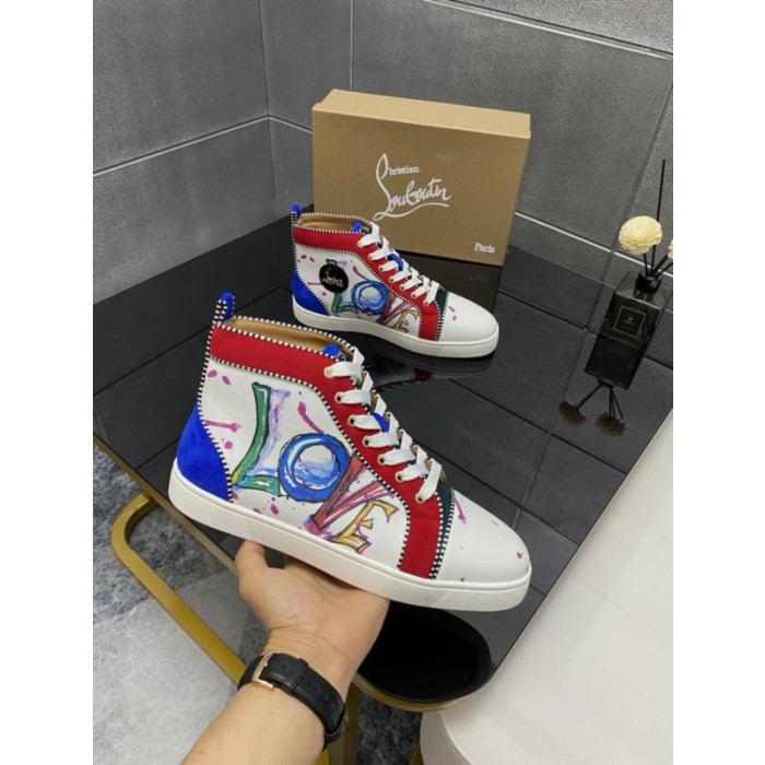 Christian Louboutin White LOVE Graffiti Print High‑Top Sneakers