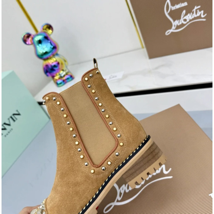 Christian Louboutin Tan Suede Silver‑Spiked Chelsea Ankle Boots Block Heel
