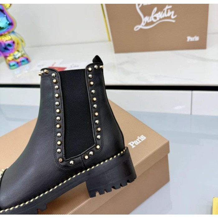 Christian Louboutin Black Leather Mixed‑Metal Studded Chelsea Ankle Boots Block Heel
