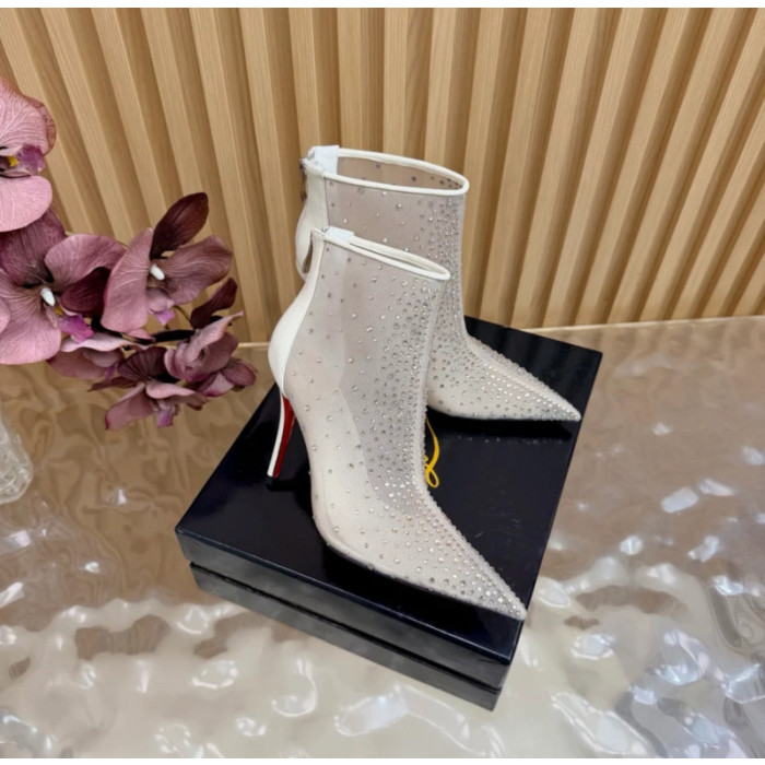 Christian Louboutin Ivory Mesh 100mm Crystal‑Embellished Pointed Toe Stiletto Heel Ankle Boots
