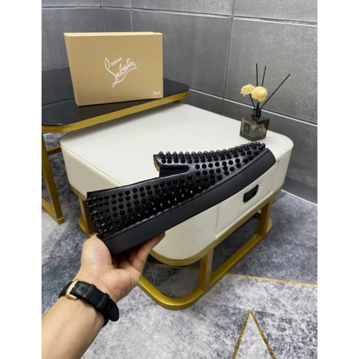 Christian Louboutin Black Leather All‑Over Spiked Slip‑On Loafers