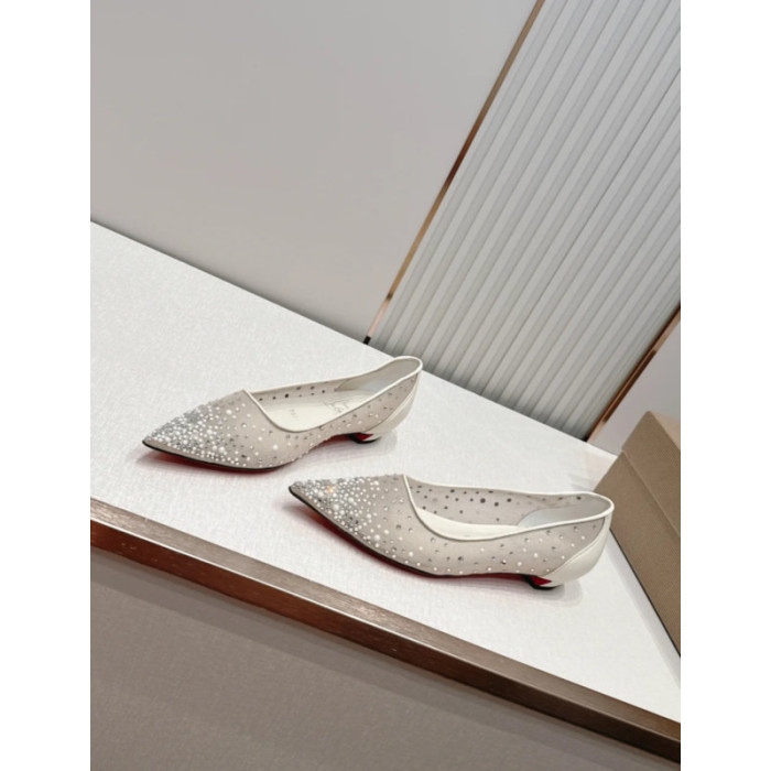 Christian Louboutin White Mesh Pearl Crystal‑Embellished Pointed‑Toe Flat Shoes
