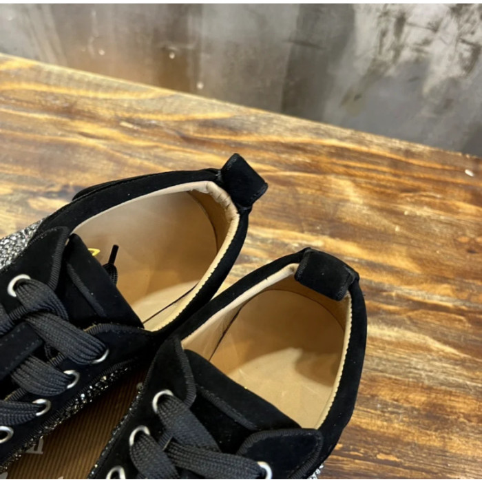 Christian Louboutin Black Suede Gunmetal Crystal‑Covered Low‑Top Men’s Sneakers