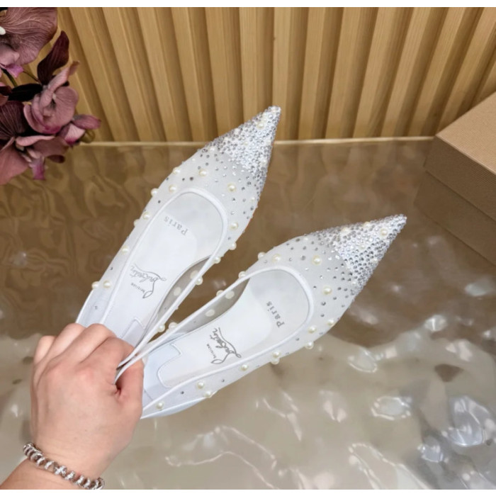 Christian Louboutin White Mesh Pearl Crystal‑Embellished Pointed‑Toe Flat Pumps