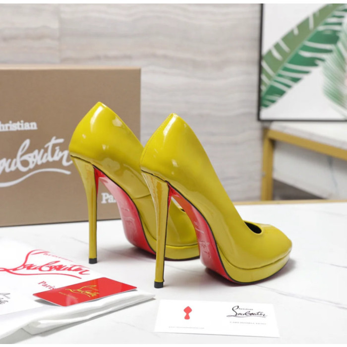 Christian Louboutin Lady Z 120 Yellow Patent Peep‑Toe Platform Stiletto Heel Pumps