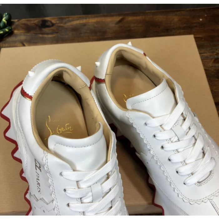 Christian Louboutin White Leather Gold‑Logo Lace‑Up Sneakers Red Shark‑Tooth Sole