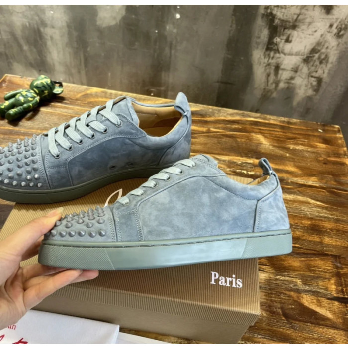 Christian Louboutin Dusty Blue Suede Spiked Low‑Top Men’s Sneakers