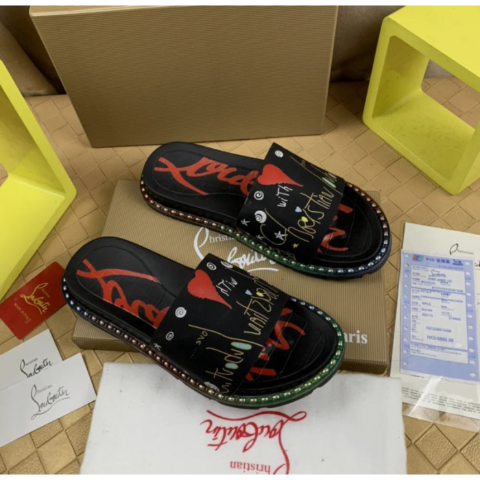 Christian Louboutin Black Heart‑Graffiti Print Slide Sandals Rainbow Crystal‑Trim Sole