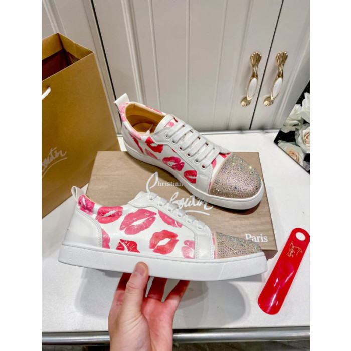 Christian Louboutin Lips‑Print Crystal‑Toe Low‑Top Lace‑Up Sneakers