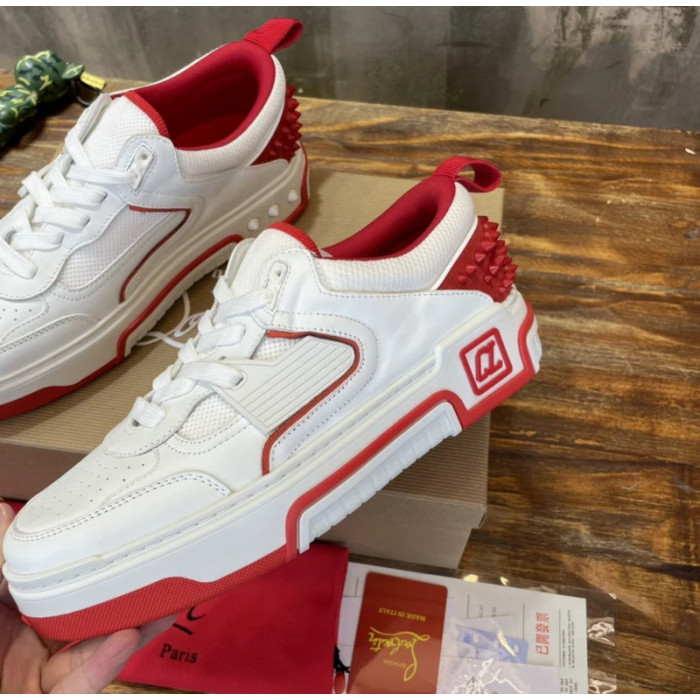 Christian Louboutin White‑Red Spiked Low‑Top Platform Sneakers
