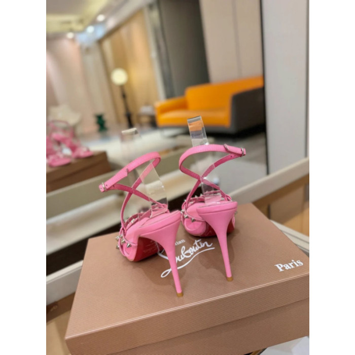 Christian Louboutin Bright Pink Leather Studded Crisscross Slingback High Heel Sandals 100mm heel