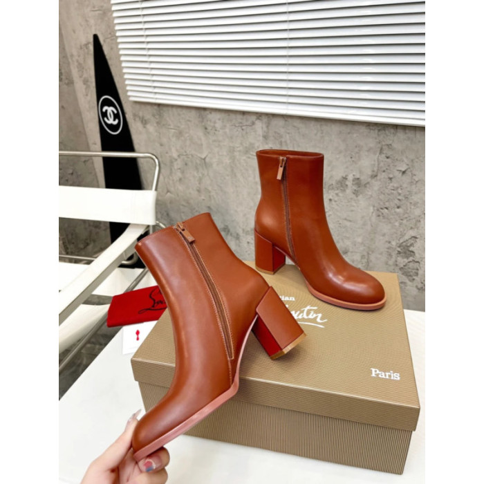 Christian Louboutin Tan Smooth Leather 85mm Block‑Heel Side‑Zip Ankle Boots