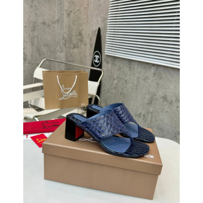 Christian Louboutin Navy Croc‑embossed Leather 55mm Block Heel Mule Sandal