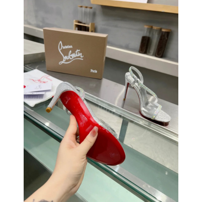 Christian Louboutin Silver Glitter Crystal‑Embellished 100mm heel Sandal