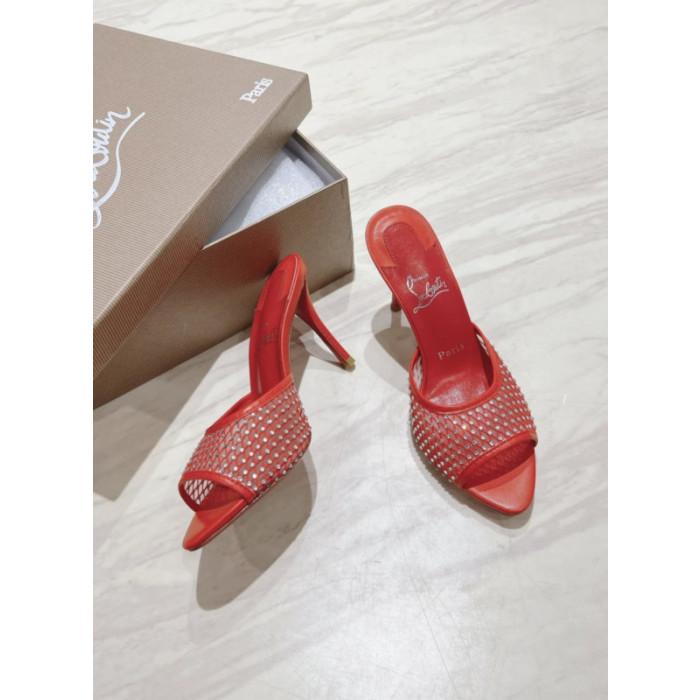 Christian Louboutin Red Mesh Crystal‑Embellished 100mm Peep‑Toe Stiletto Heel Mules