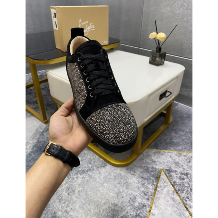 Christian Louboutin Black Suede Gunmetal Crystal‑Encrusted Low‑Top Sneakers