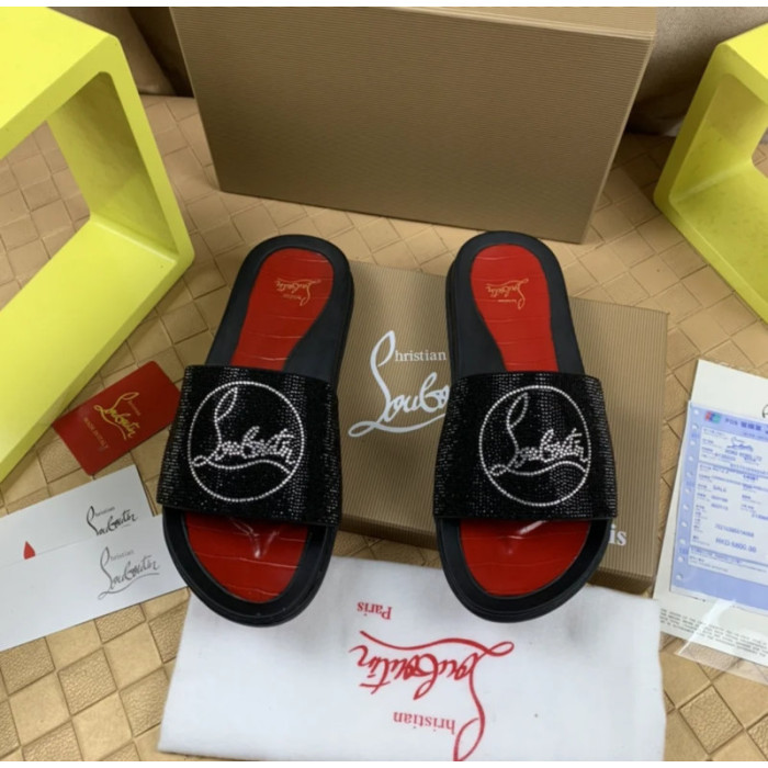 Christian Louboutin Black Crystal Slide Sandals Silver Rhinestone Circular Logo