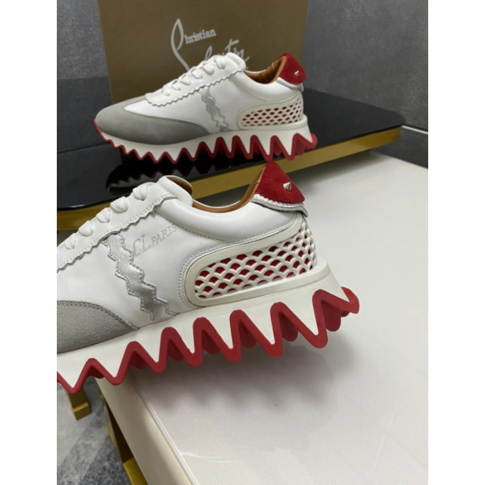 Christian Louboutin White Leather Suede Red Zigzag Sole Low‑Top Sneakers