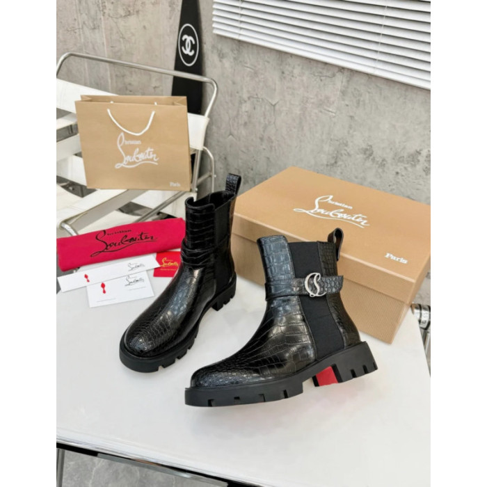 Christian Louboutin Black Croc‑Embossed CL‑Buckle Chelsea Lug‑Sole Ankle Boots