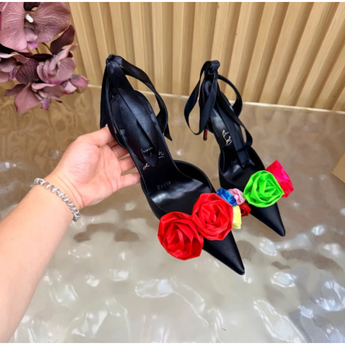 Christian Louboutin Black Satin Multicolor Fabric Flower 100mm Stiletto Heel Slingback Pumps