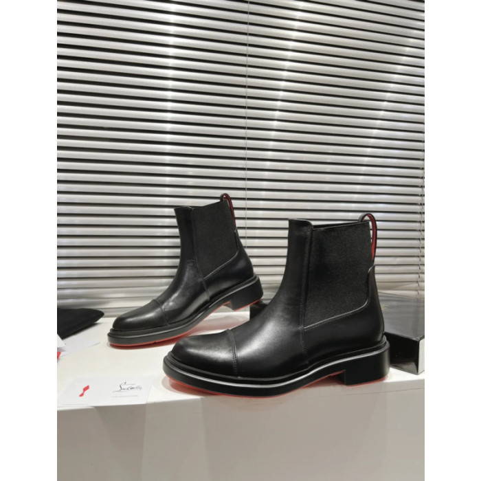 Christian Louboutin Black Calf Leather 30mm Cap‑Toe Chelsea Ankle Boots
