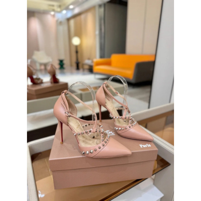 Christian Louboutin Nude Leather Spiked Crisscross Strap Pointed‑Toe High‑Heel Pumps