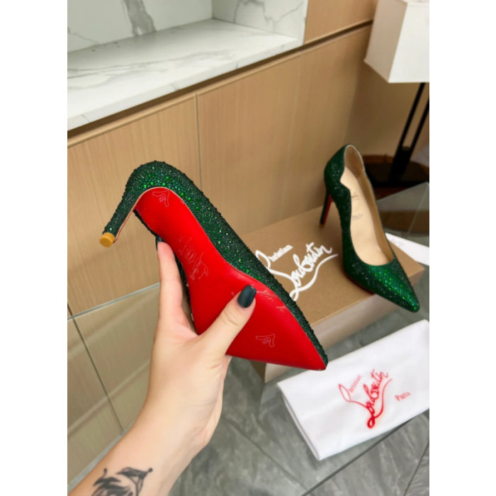 Christian Louboutin Emerald Green Crystal‑Encrusted Scalloped 100mm heel Pump