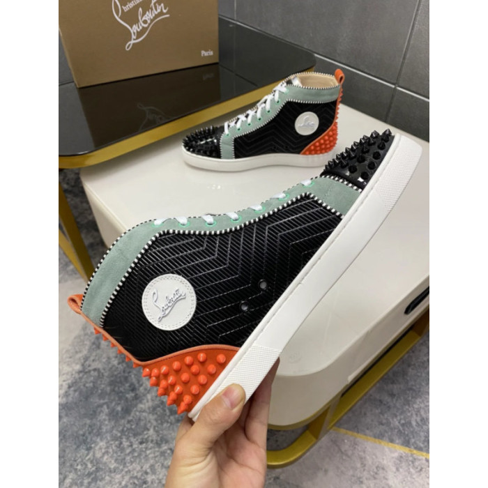 Christian Louboutin Black Chevron Mint‑Trim Orange‑Spiked High‑Top Sneakers