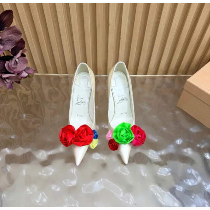 Christian Louboutin Off‑White Satin Multicolor Fabric Flower 100mm Stiletto Heel Pumps