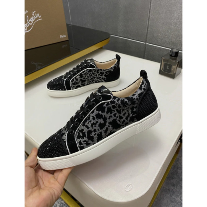 Christian Louboutin Black Suede Silver‑Glitter Floral Crystal‑Toe Low‑Top Sneakers