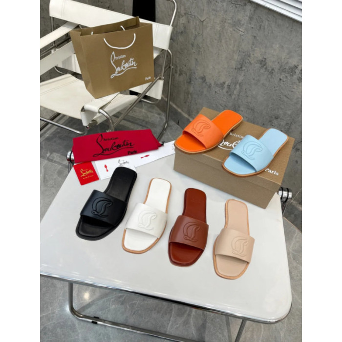 Christian Louboutin Sky‑Blue Leather Stitched Logo Wood‑trim Flat Slide