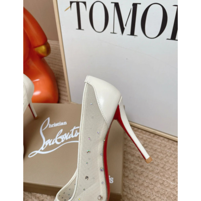 Christian Louboutin Ivory Mesh Crystal‑Embellished 100mm Pointed‑Toe Stiletto Heel Pumps