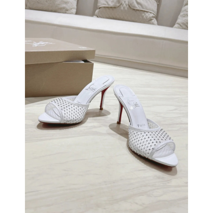 Christian Louboutin White Mesh 85mm Crystal‑Embellished Peep‑Toe Slide Stiletto Heel Mules