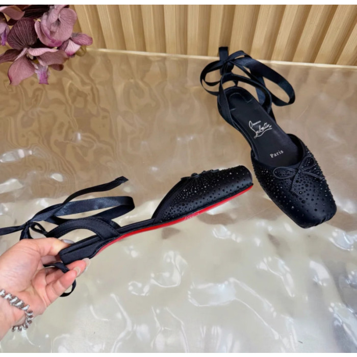 Christian Louboutin Black Satin Crystal‑Embellished Ankle‑Tie Slingback Ballet Flats