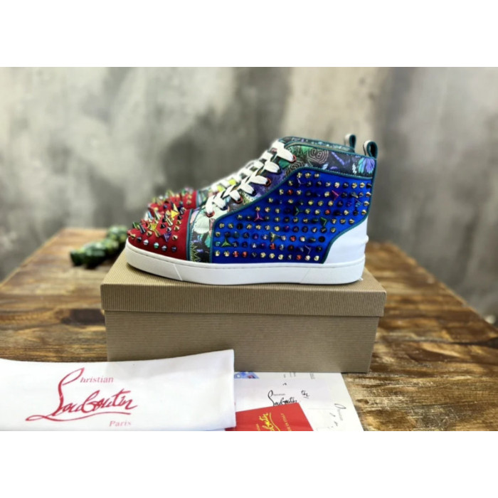 Christian Louboutin Multicolor Spike Jungle‑Print Suede High‑Top Sneakers