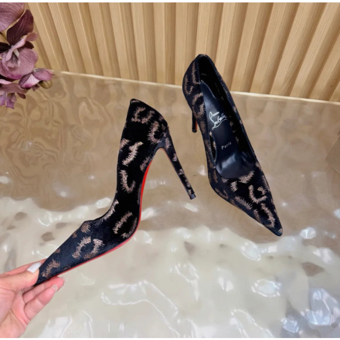 Christian Louboutin Black Velvet Gold‑Leopard Print Pointed‑Toe 120mm Stiletto High Heel Pumps
