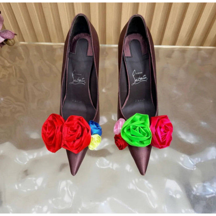 Christian Louboutin Burgundy Satin Multicolor Fabric Flower 100mm Stiletto Heel Pumps
