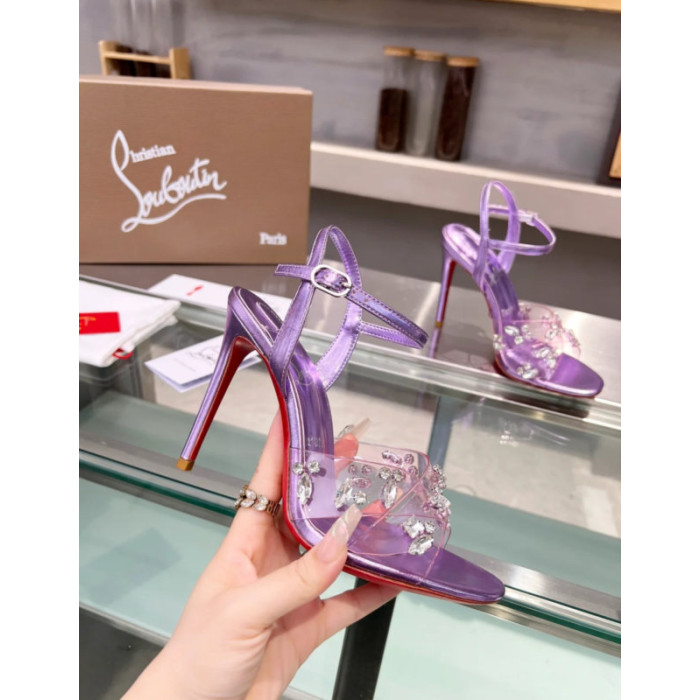 Christian Louboutin Purple Metallic Crystal Embellished Slingback Sandal 100mm heel