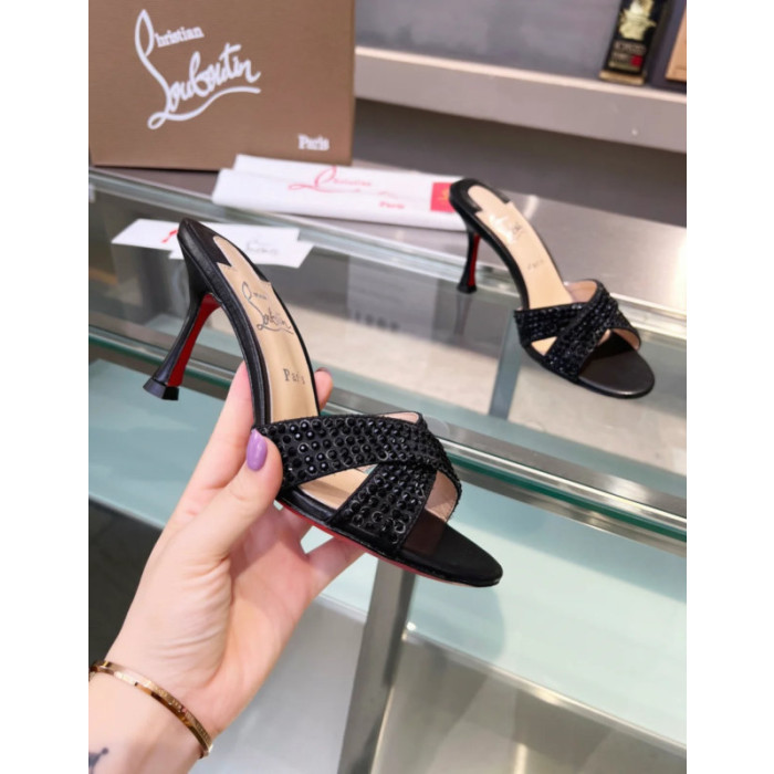 Christian Louboutin Black Crystal Crisscross Mule Slide Sandal 100mm heel