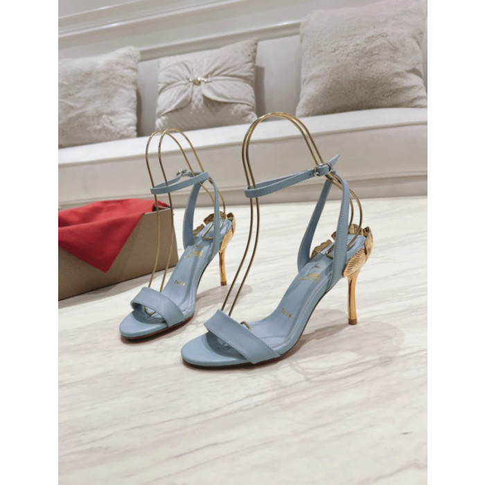 Christian Louboutin Light Blue Leather 100mm Gold‑Sculpted Heel Ankle‑Strap Sandals