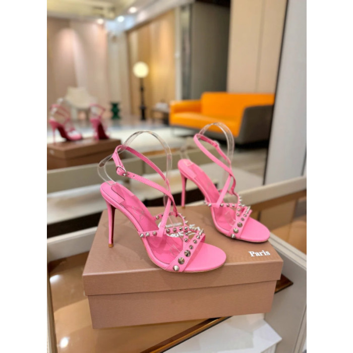 Christian Louboutin Bright Pink Leather Studded Crisscross Slingback High Heel Sandals 100mm heel