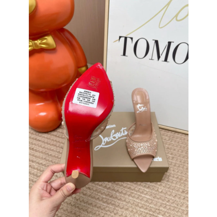 Christian Louboutin Nude Mesh Pearl Crystal‑Embellished 100mm Pointed‑Toe Stiletto Heel Mules
