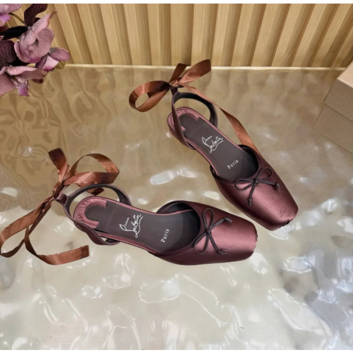 Christian Louboutin Brown Satin Bow Ankle‑Tie Slingback Ballet Flats