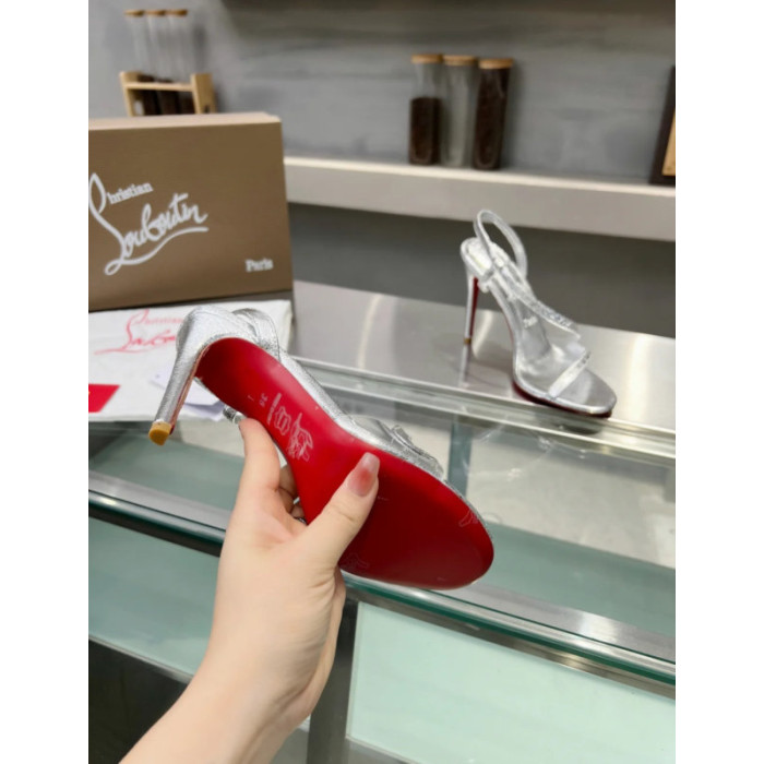 Christian Louboutin Silver Metallic Asymmetric Curved Strap Slingback Sandal 100mm heel